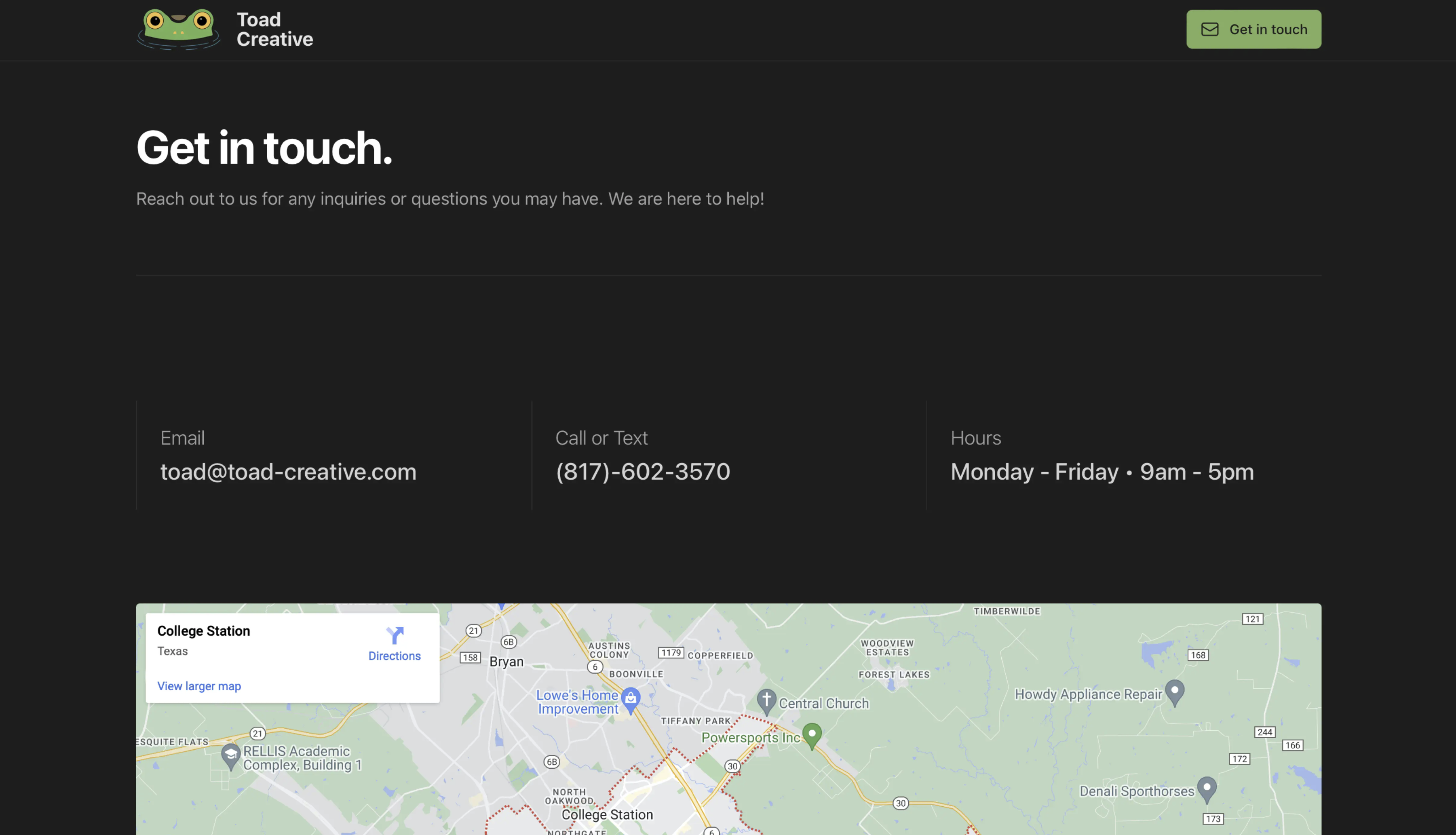 Toad Creative contact page